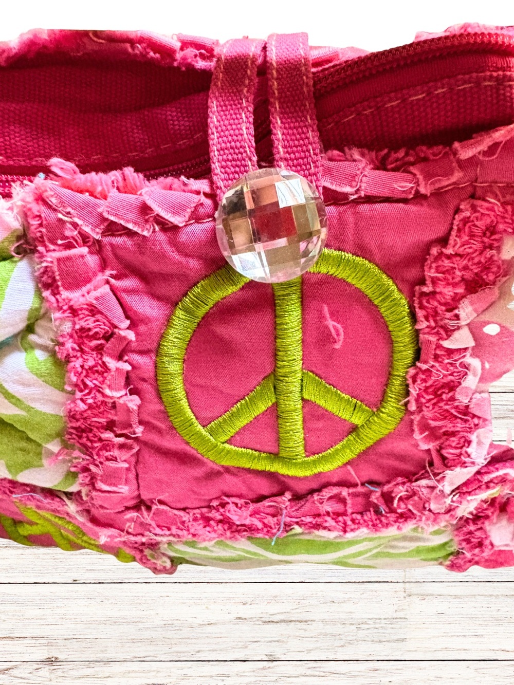 HANDCRAFTED FESTIVAL BAG QUILTED Shoulder Purse Hippie Pink Lime Boho Peace Sign - Picture 3 of 10